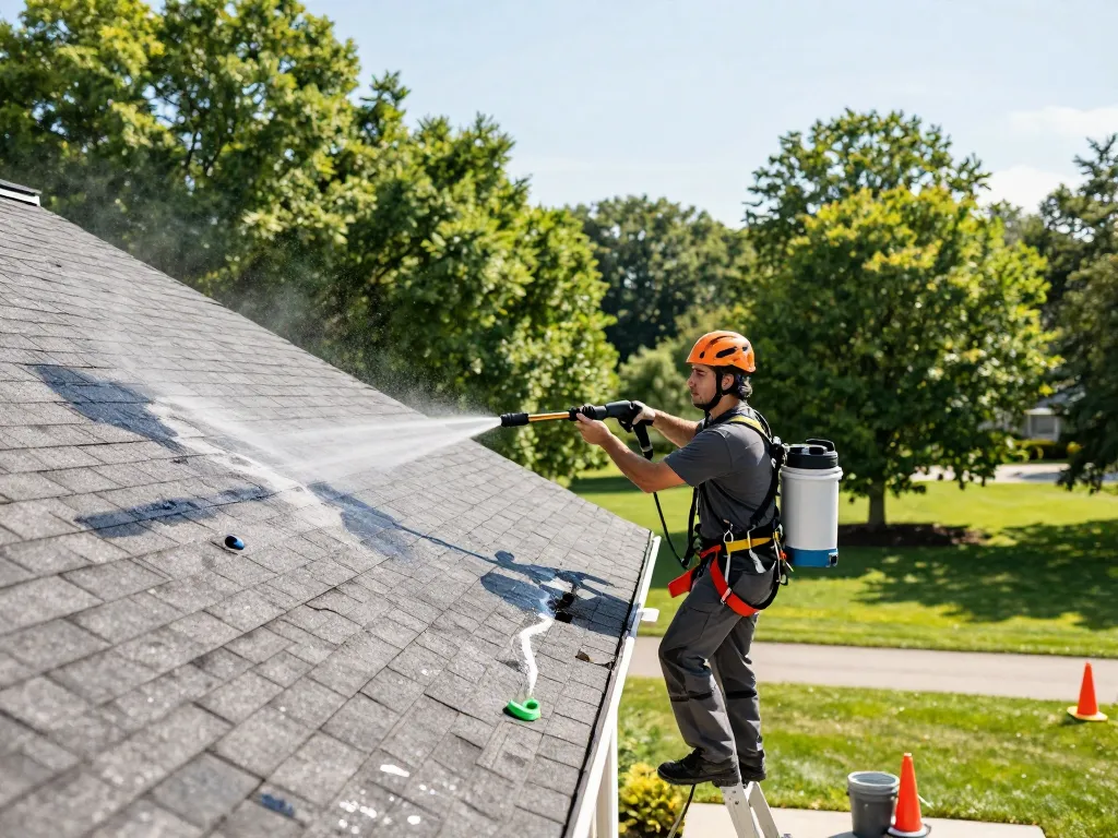 Expert roof cleaning services Atlanta, with a technician using soft wash technology on a residential roof.
