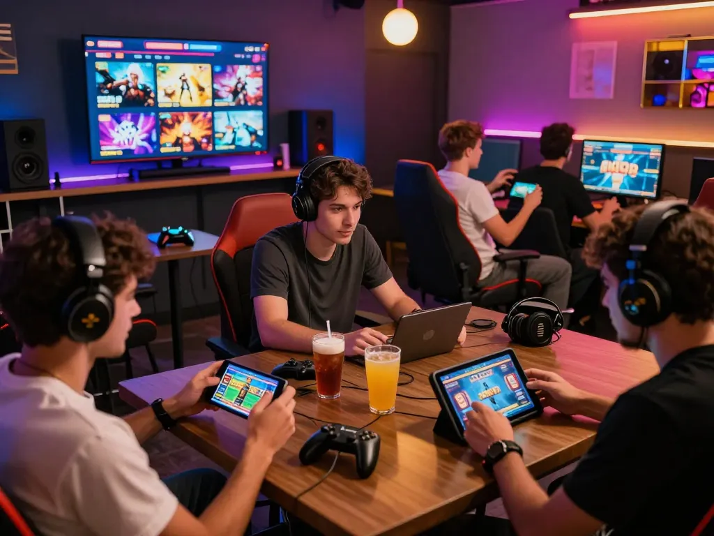 Players enjoying rikvip games in a vibrant gaming lounge with dynamic screens and devices.