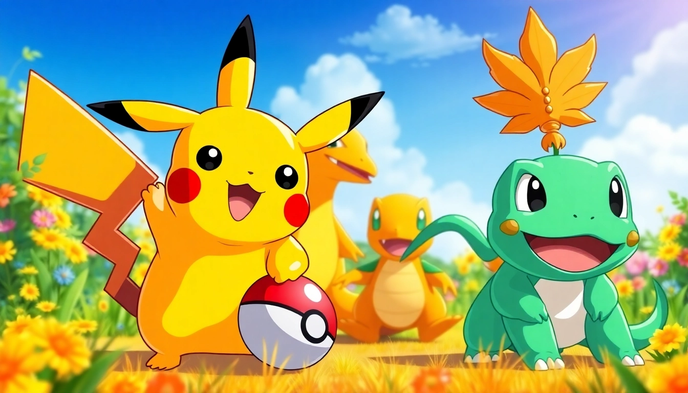 Colorful Pokémon SVG illustration featuring Pikachu, Charizard, and Bulbasaur among vibrant crafting elements.