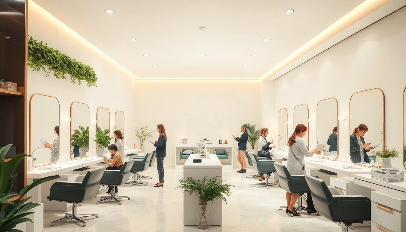 Stylish interior of a 서울 헤어샵 showcasing friendly hairstylists and modern design.