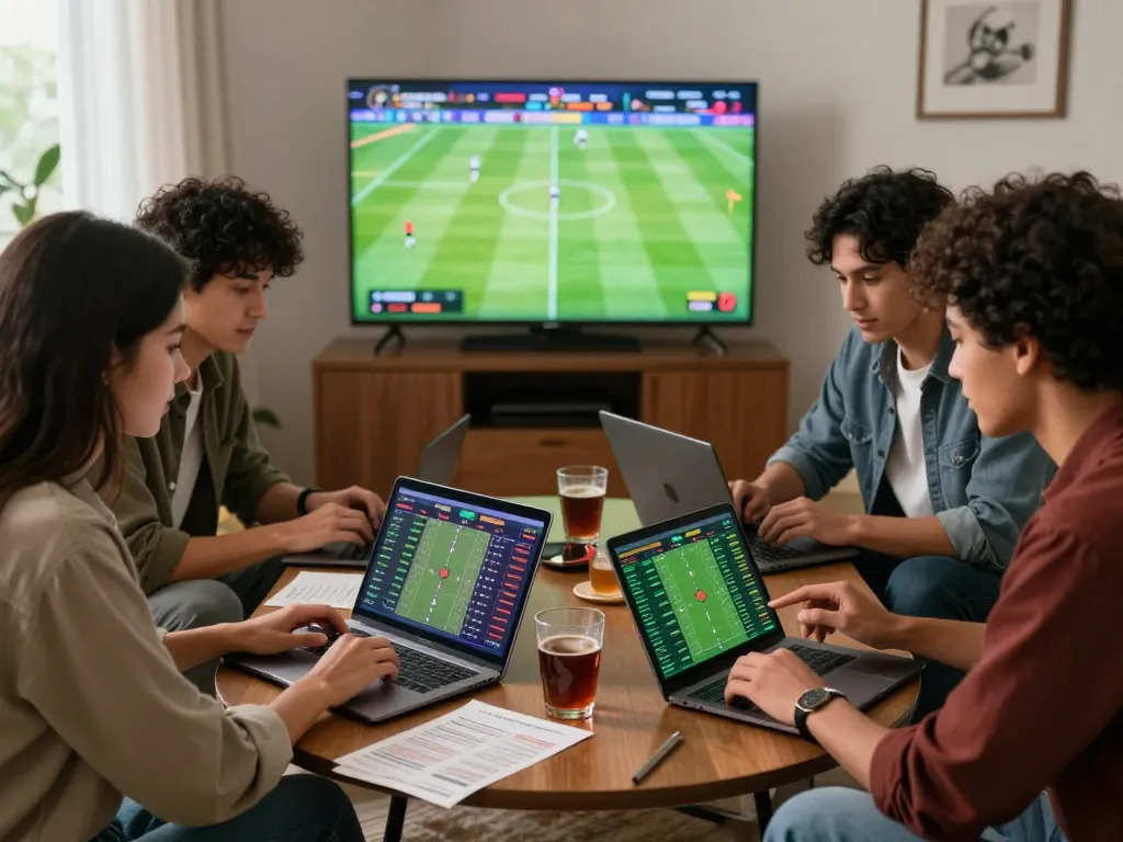 Friends engaging in sports betting at home, analyzing 1gom football statistics with excitement.