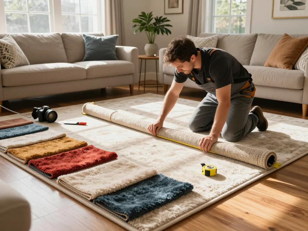 Residential carpet installation in a bright living room with installer measuring carpet samples and cozy decor.