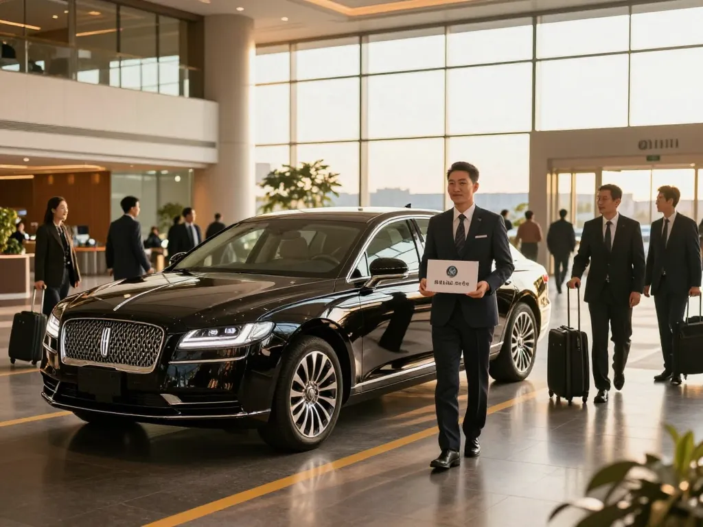 Midway limousine service Chicago with a professional chauffeur greeting clients at the airport.