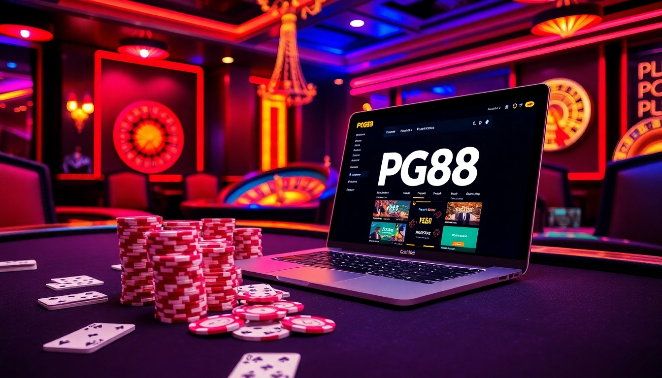 Engaging scene of online gambling at PG88 with poker elements and casino ambiance.