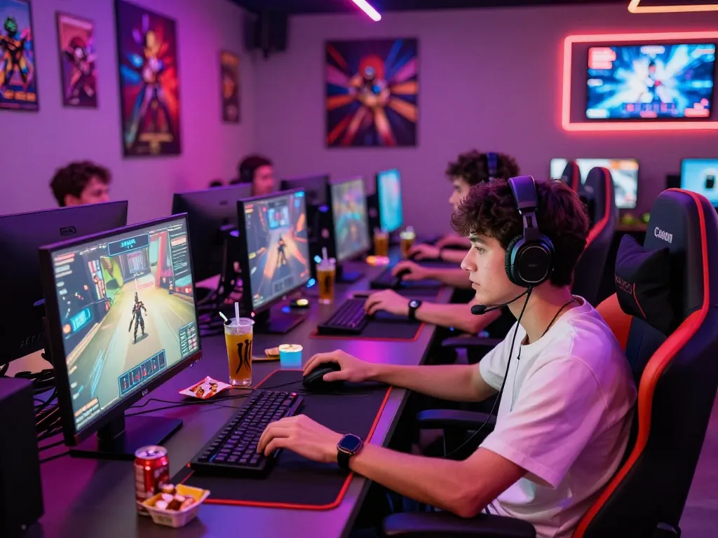 Engaged gamer on multiple screens in a vibrant bomwin gaming lounge.