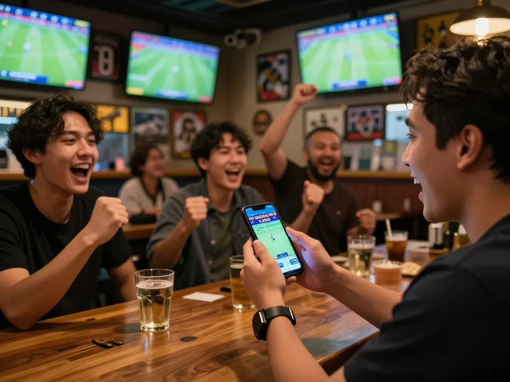 Keceriaan taruhan olahraga dengan aplikasi Judi Bola selama pertandingan ramai di bar olahraga.
