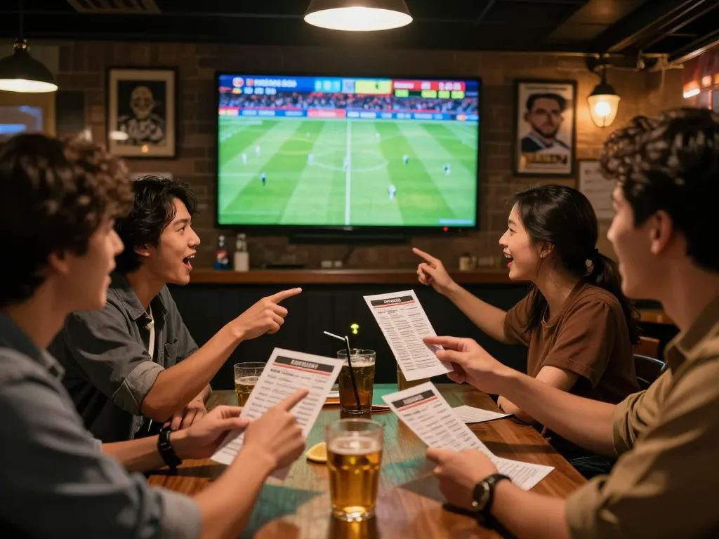 Adegan bar olahraga yang menarik dengan teman-teman bertaruh pada taruhan bola selama pertandingan sepak bola langsung.