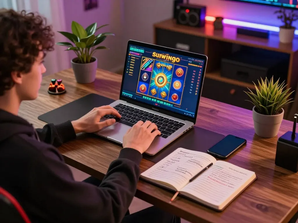 Person using sunwingo casino app on a laptop while strategizing with notes, cozy home ambiance.