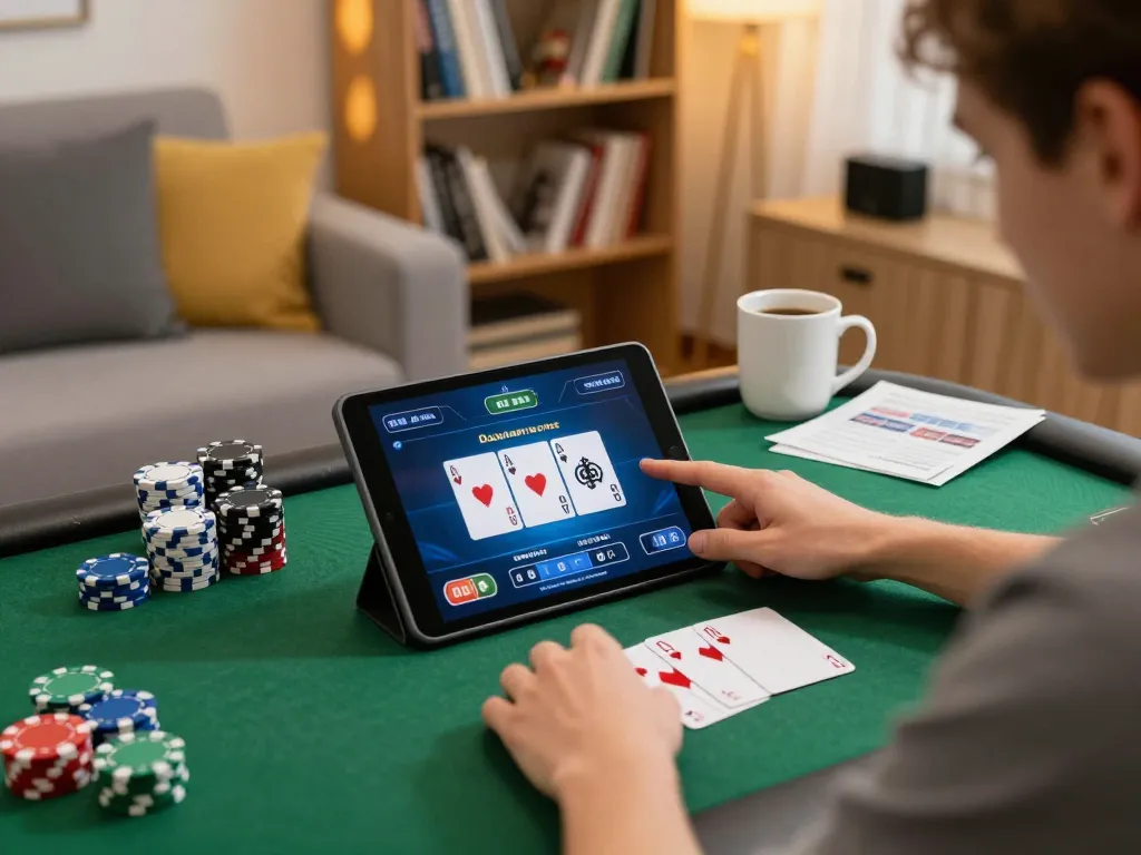 Player enjoying a poker game on lv88 trang chủ with strategic notes in a cozy living space.