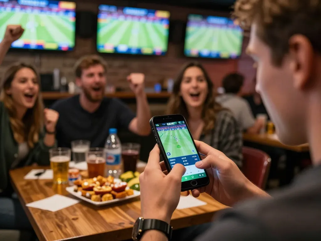 Pengalaman aplikasi mobile SBOBET selama taruhan olahraga langsung di bar olahraga yang ramai bersama teman-teman.