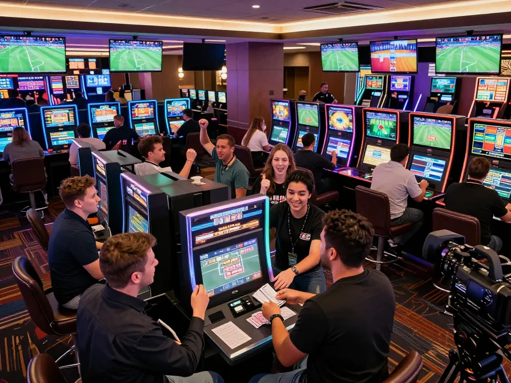 Situs Judi Bola: Mengajak penjudi olahraga dalam sportsbook kasino yang ramai dengan banyak layar.