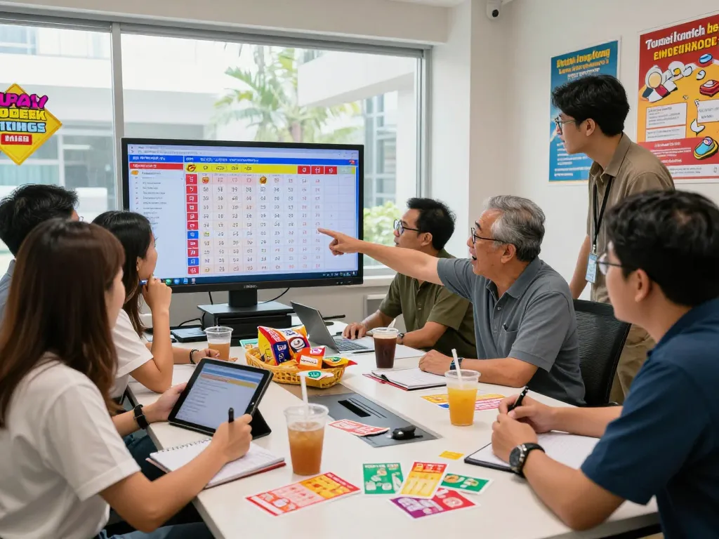 Suasana menarik dari berbagai individu yang mendiskusikan hasil lotere Togel Hongkong di sebuah kantor yang hidup.