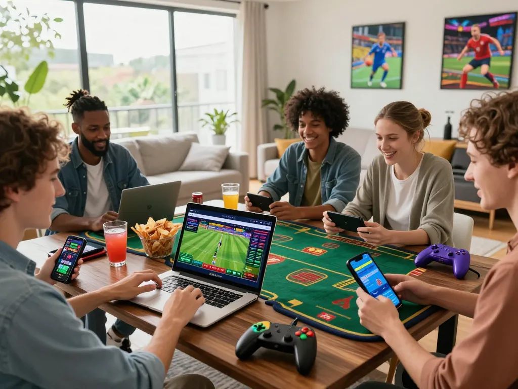 Exciting online betting experience with UFABET interface showcased on laptop amidst a lively social poker night.