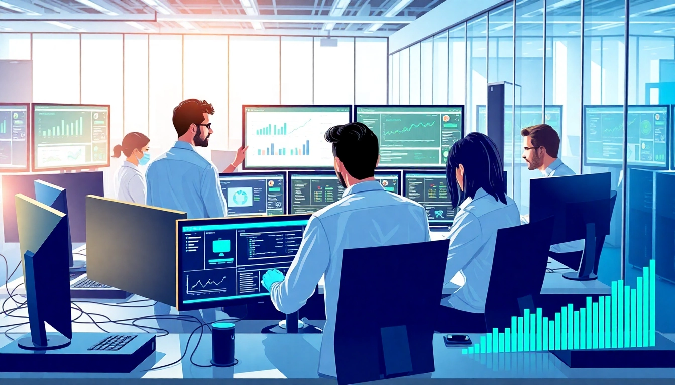 Find msp companies near me with a professional team collaborating in a modern IT office.