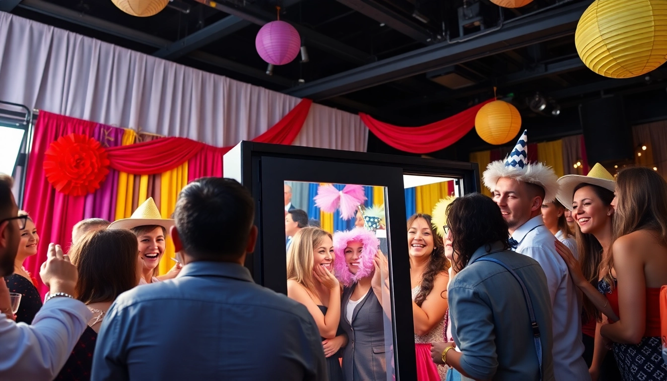 Guests enjoying a photo booth rental at a festive event with colorful props and decorations.