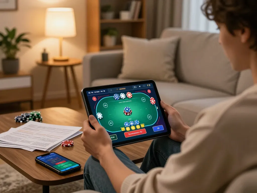 Pemain yang terlibat dalam permainan poker online SBOBET88 di tablet, menunjukkan pengaturan permainan yang nyaman.