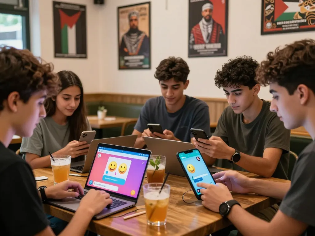 Engaging scene of شات فلسطين with friends chatting in a cozy café, highlighting the vibrant online Palestinian community.
