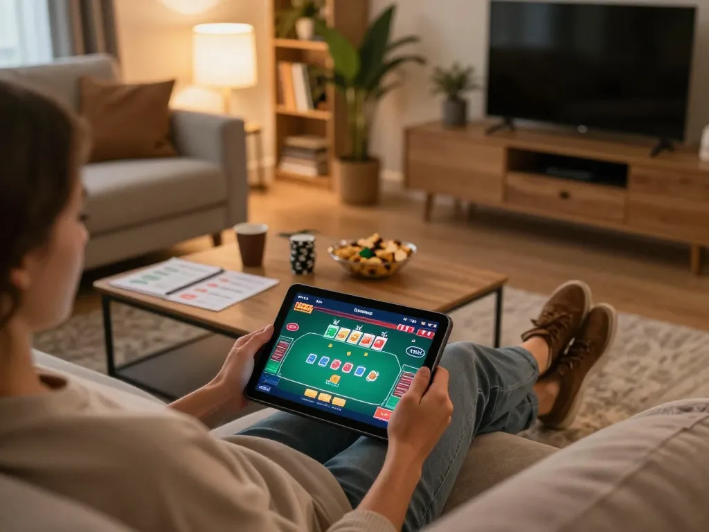 Engaging in online gaming with 32win con on a tablet, cozy home environment with strategic notes
