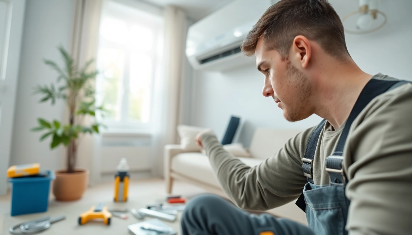 Technician providing Air Conditioning Repair Tampa services on a modern AC unit in an urban home.