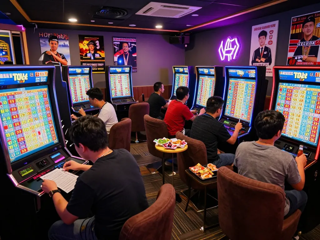 Pemain Togel Hongkong terlibat dalam taruhan langsung di lounge permainan yang ramai.