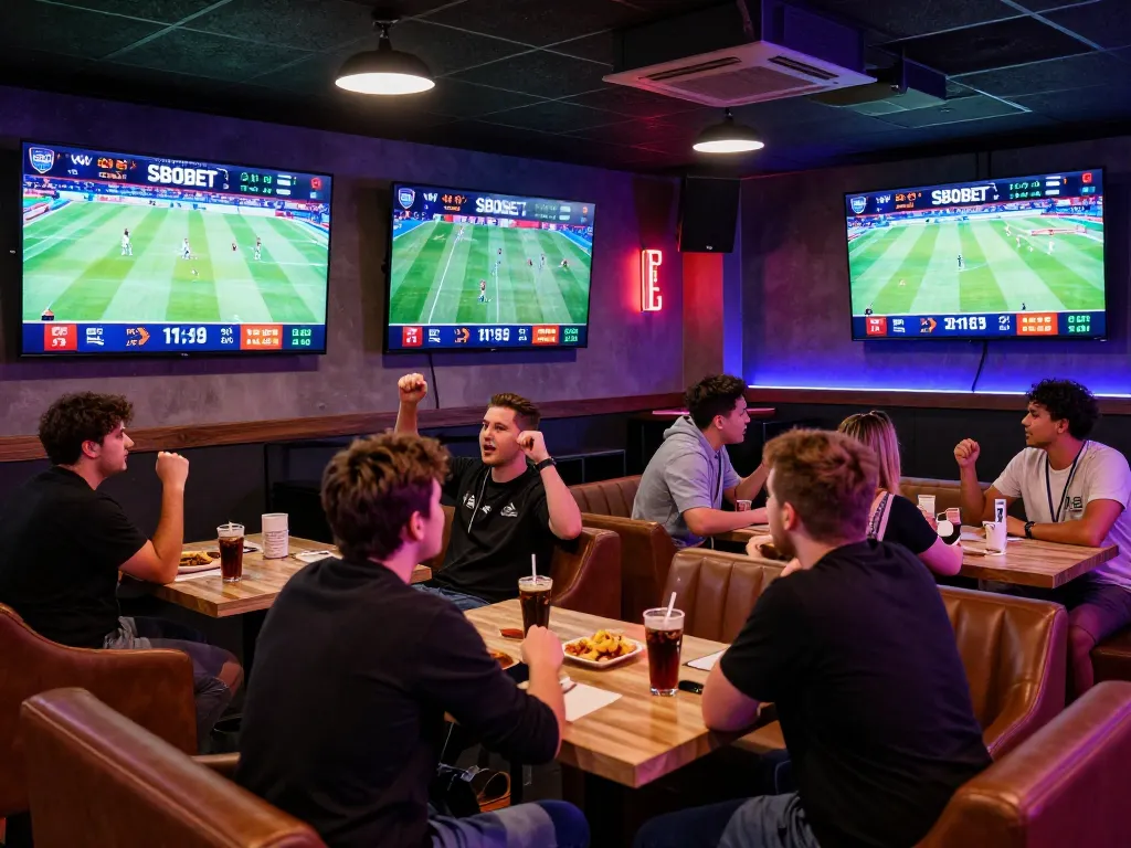SBOBET live betting scene with enthusiastic bettors and sports screens.