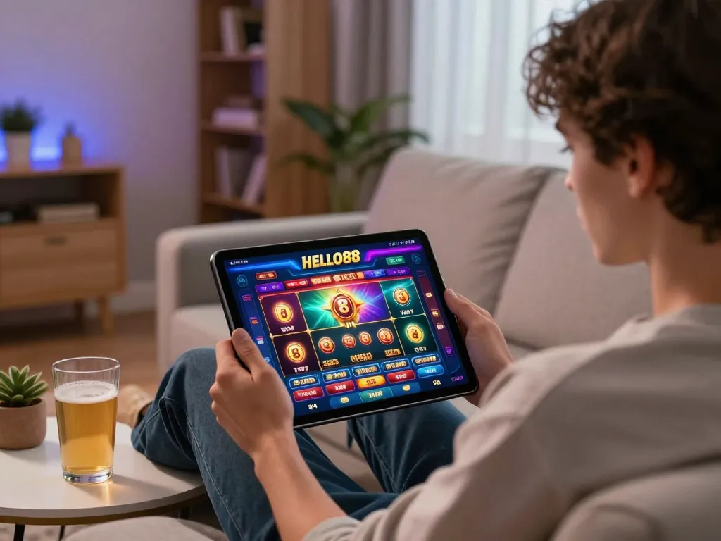 Engaging with the HELLO88 mobile casino app during a cozy home gaming session.