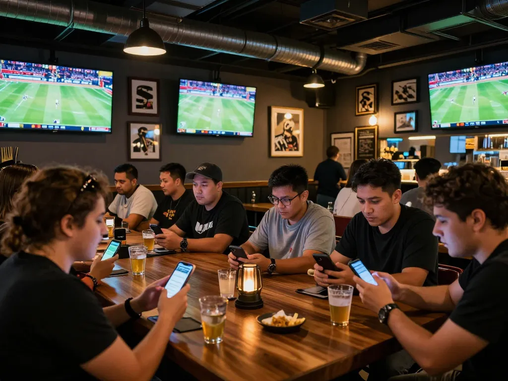 Engaged patrons analyzing tỷ lệ kèo nhà cái 5 at a bustling sports bar, vibrant atmosphere