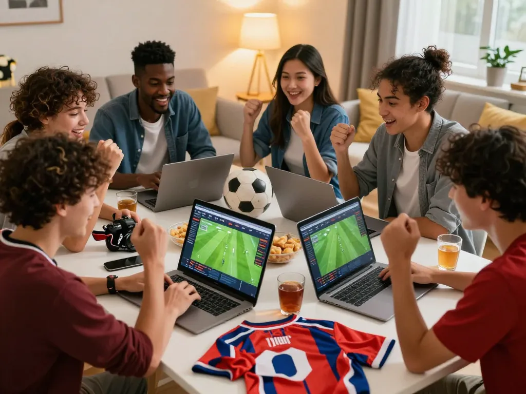 Group discussing Judi Bola betting in a cozy apartment with laptops and sports memorabilia.