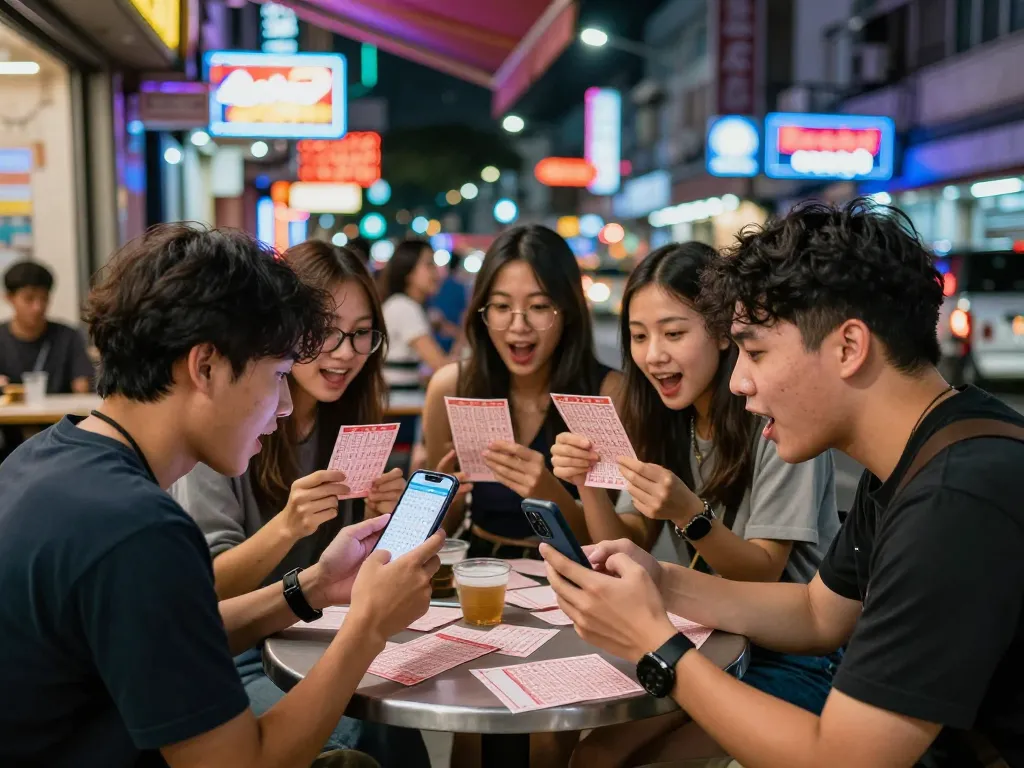 Sahabat yang bersemangat merayakan hasil Togel Hongkong di sebuah kafe yang ramai, diterangi oleh lampu neon.