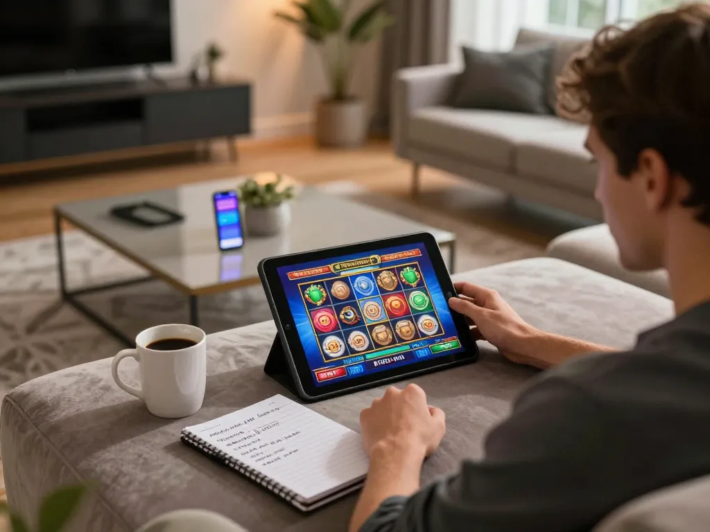 Engaging with slot games on lc88 bio platform, showcasing mobile gaming experience at home