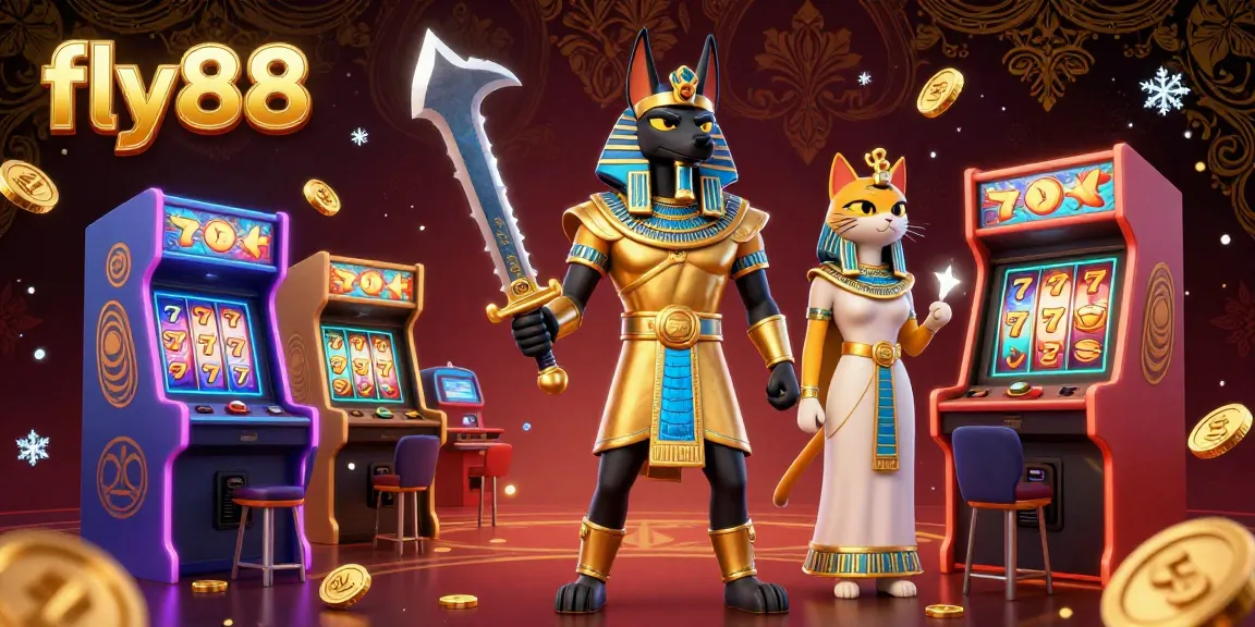 Experience the thrill of fly88 with captivating 3D illustrations featuring Anubis, gaming machines, and winning symbols.