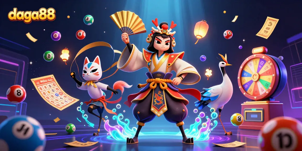 Daga88 brings excitement with kabuki warriors and colorful lottery elements, emphasizing vibrant gameplay.