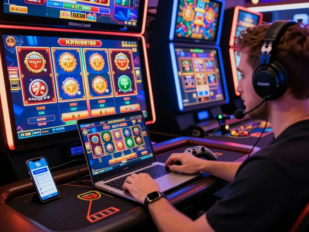 Kartubet88 online gambling experience with vibrant digital casino interface and user engaged on laptop.