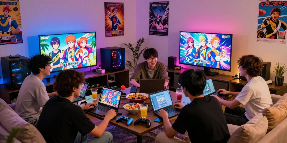 Exciting hentaigames gaming session in a cozy living room with friends, showcasing diverse devices and vibrant atmosphere.