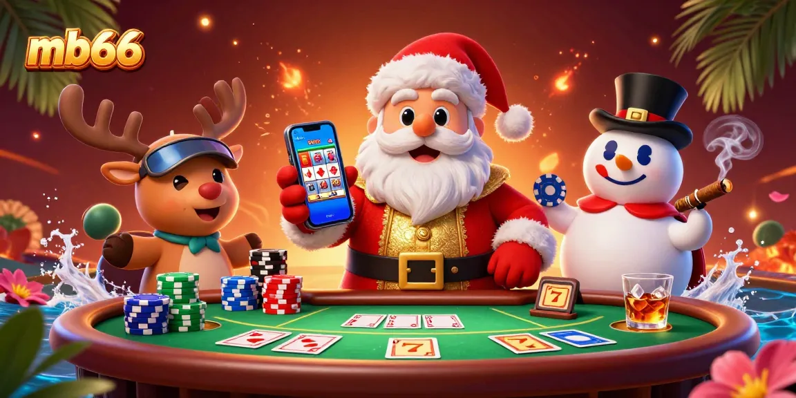 Engage with mb66's thrilling slots as Santa and friends celebrate jackpot wins in this vibrant casino scene.