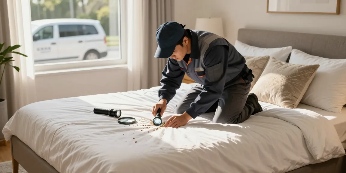 Bed bug exterminator inspecting a cozy bedroom for infestations, showcasing professional service.