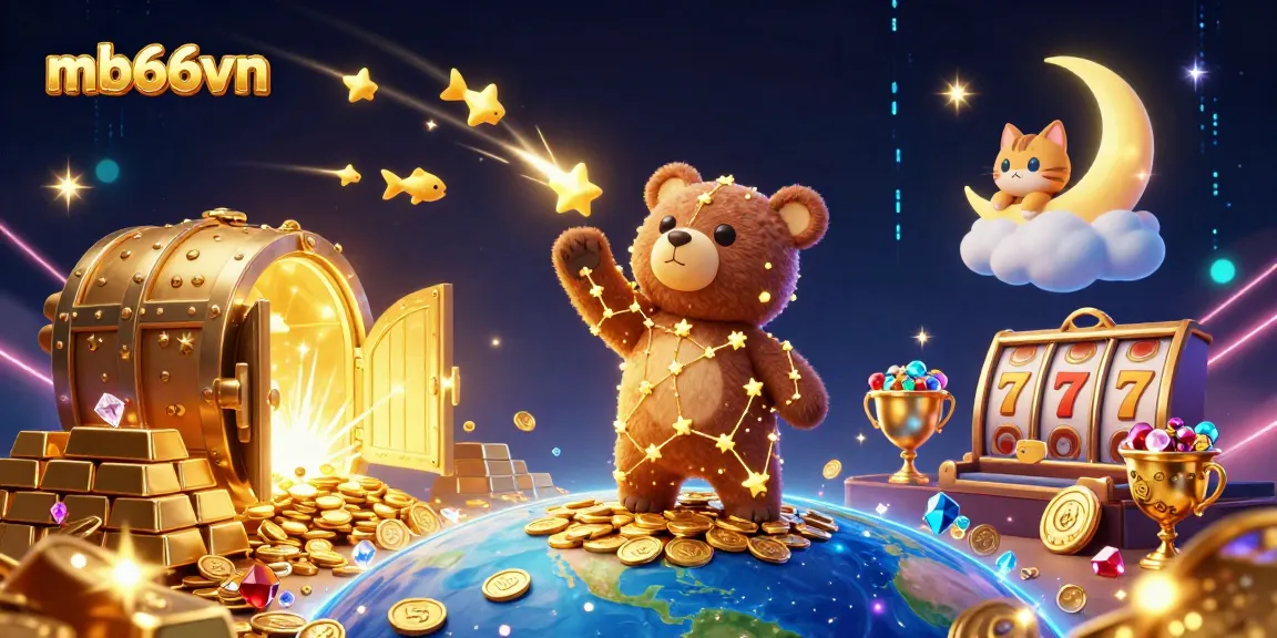 Engage in thrilling gameplay with mb66vn, as a constellation bear scoops coins amidst a treasure-filled casino.