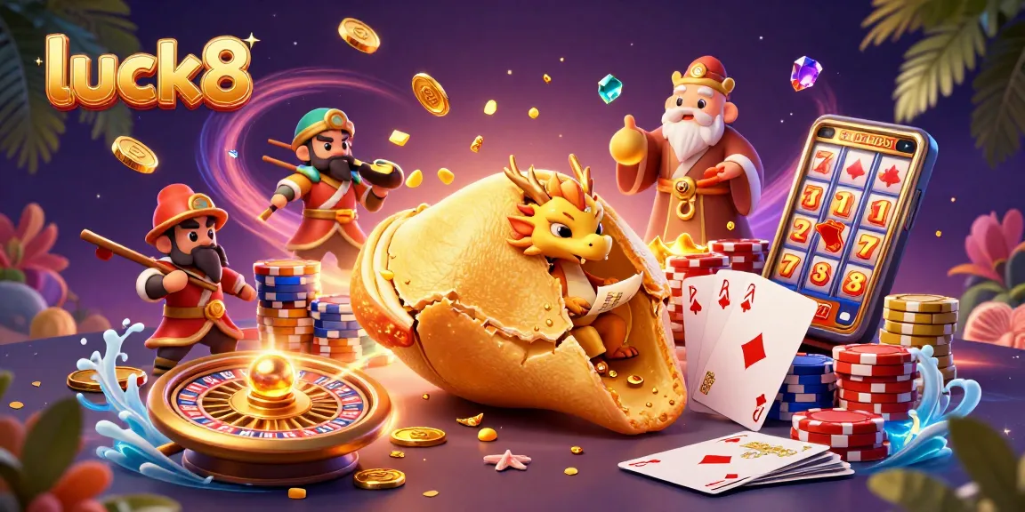 Join the excitement at luck8 with a vibrant scene of characters and games showcasing golden opportunities.