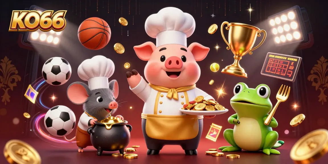Experience exciting wins at KO66 with a vibrant 3D casino scene featuring unique characters.