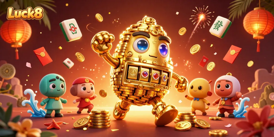 Luck8 players engaging in vibrant casino action with a golden golem amidst lively gambling elements.