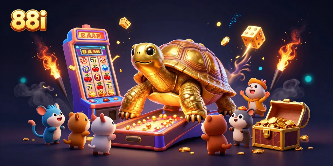 Experience thrilling gaming action at 88i with a lively slot machine and dynamic golden tortoise.