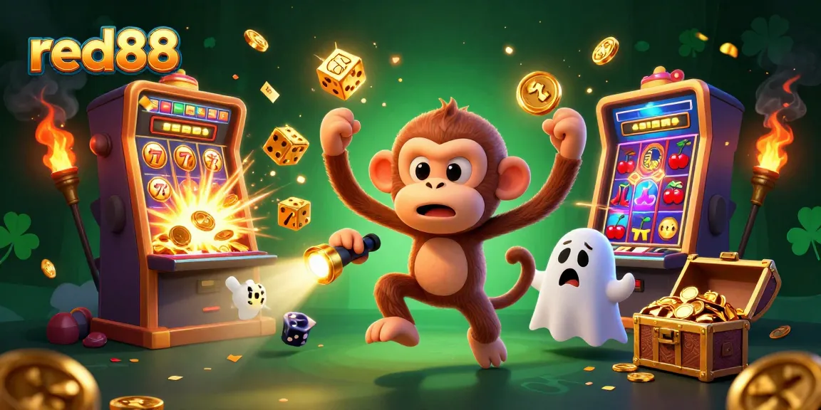 Engage with red88's thrilling casino atmosphere, featuring a dynamic scene with game elements and playful characters.