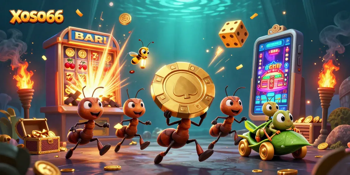 XOSO66 engages players with a dynamic heist of golden poker chips, showcasing vibrant casino elements.