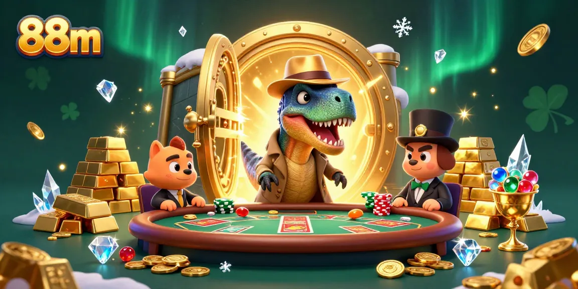 Engage in thrilling actions at 88m's casino with animated characters showcasing vibrant gambling excitement.