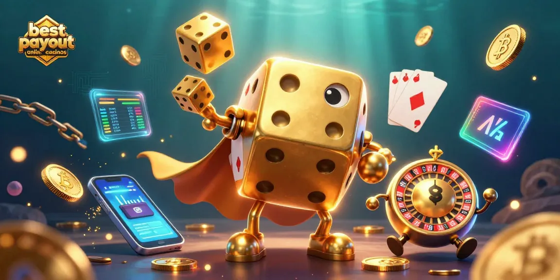 Engage with the best payout online casinos through a vivid 3D illustration of a dice golem and crypto elements.