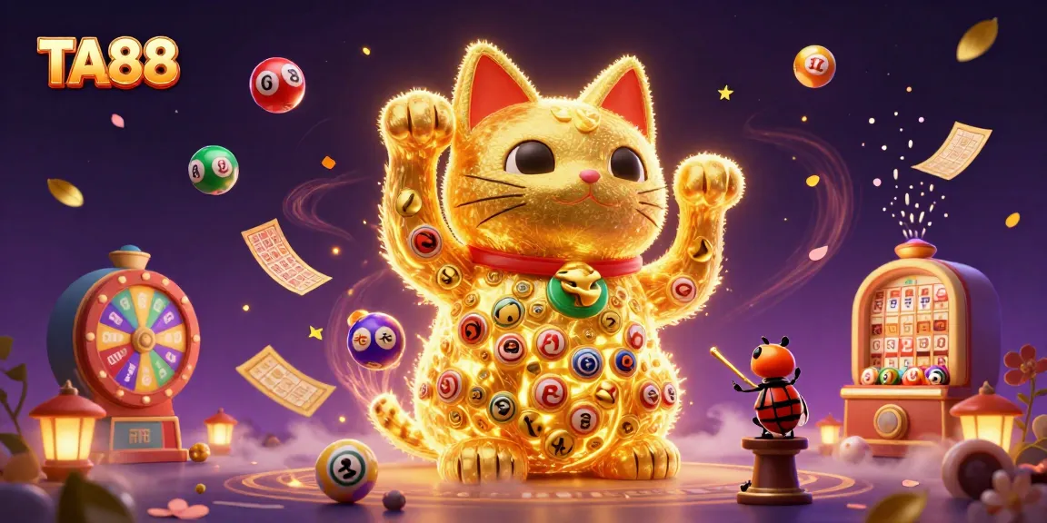 Engage with TA88's vibrant casino atmosphere featuring dynamic lottery elements and a lucky cat.