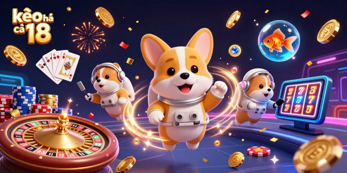Experience kèo nhà cái 18 with a lively casino scene featuring an astronaut corgi amidst floating poker chips and coins.