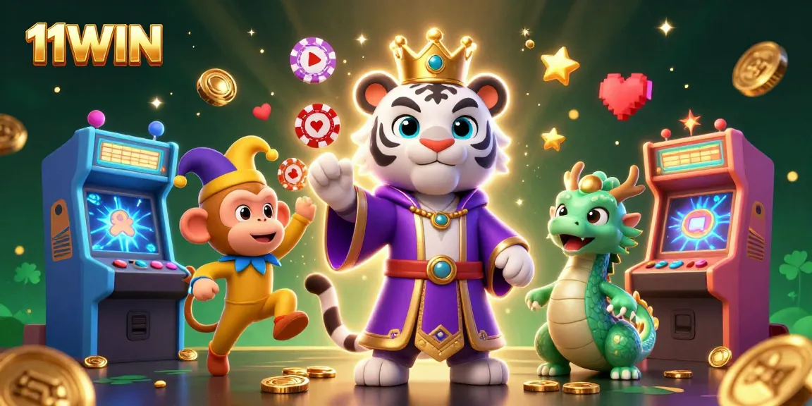Immerse in thrilling action with 11WIN as the white tiger, monkey, and dragon animate a colorful casino scene.