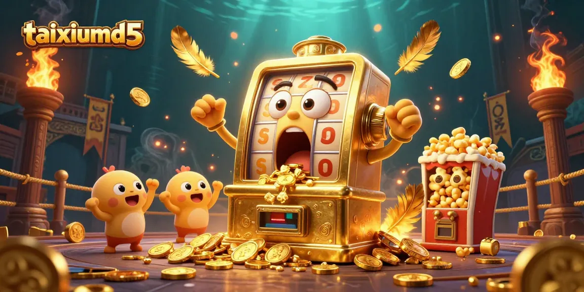 Experience thrilling wins at taixiumd5 with a lively scene of a golden slot machine hitting a jackpot.