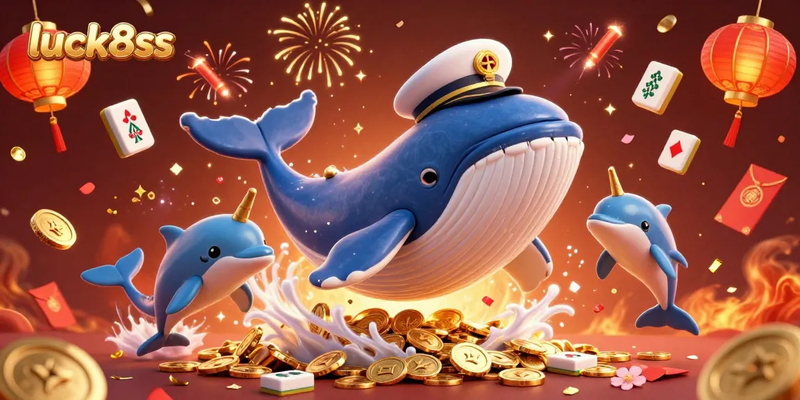 Engage in fun gameplay with luck8ss, featuring a stunning 3D whale and dolphins amidst poker chips.